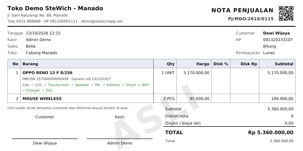 Contoh nota penjualan PDF dengan IMEI, garansi dan cek kondisi